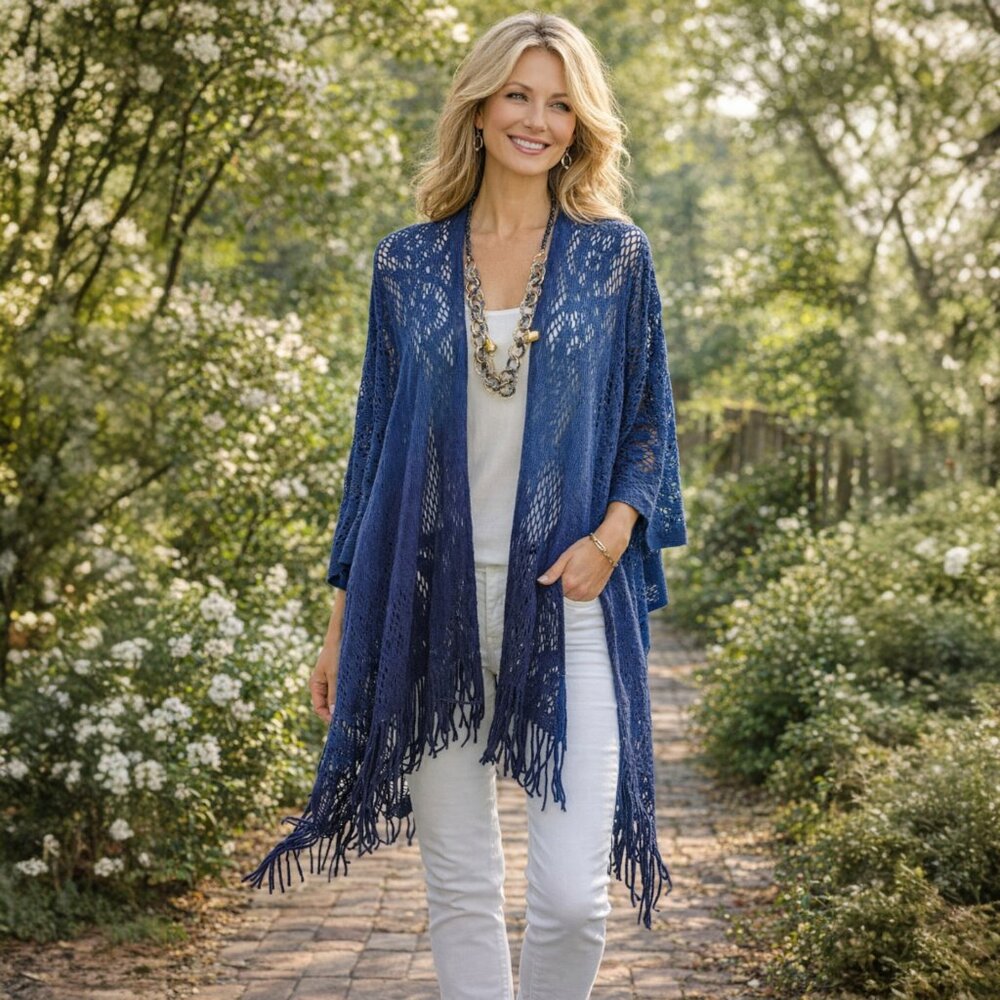 Fringed Denim Blue Butterfly Scarf Wrap Shawl Shrug Connector & Necklace